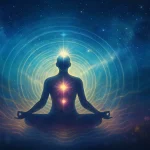 Persona meditando con luz y energía proyectada hacia el universo estrellado, representando el poder de la intención y los pensamientos positivos
