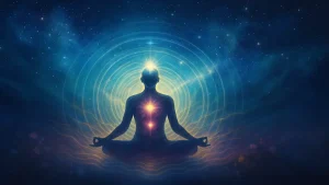 Persona meditando con luz y energía proyectada hacia el universo estrellado, representando el poder de la intención y los pensamientos positivos