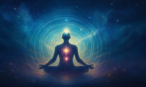 Persona meditando con luz y energía proyectada hacia el universo estrellado, representando el poder de la intención y los pensamientos positivos
