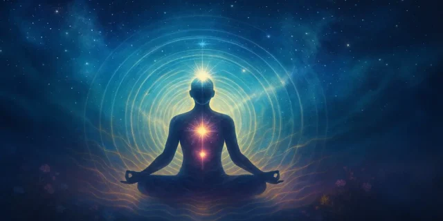 Persona meditando con luz y energía proyectada hacia el universo estrellado, representando el poder de la intención y los pensamientos positivos