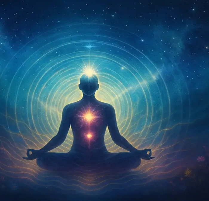 Persona meditando con luz y energía proyectada hacia el universo estrellado, representando el poder de la intención y los pensamientos positivos