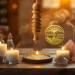 Péndulo de madera sobre mandala de geometría sagrada con velas y cristales para sanación energética – Centro Gaia México.