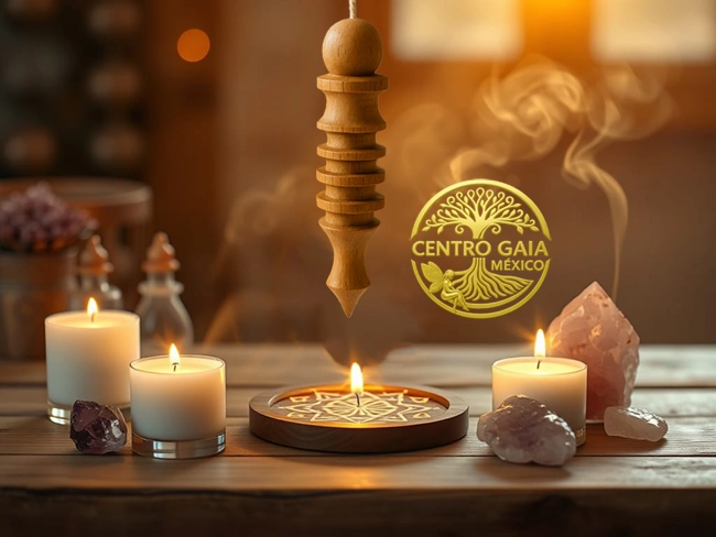 Péndulo de madera sobre mandala de geometría sagrada con velas y cristales para sanación energética – Centro Gaia México.